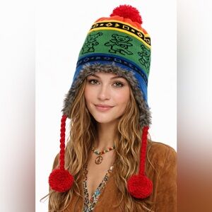 NWT Grateful Dead Dancing Bears Peruvian Trapper Hat Faux Fur Earflaps